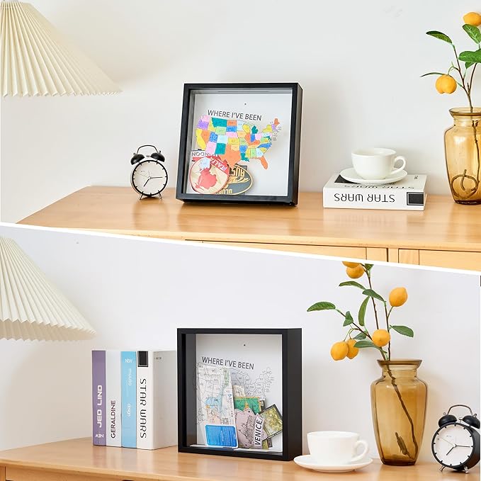 Where I've Been US Map Wooden Shadow Box Frame Wall Decoration, Travel Adventure Archive Box Tickets , 50 States Travel Map USA Map Tracker (Black 10.6” x 10.6” )