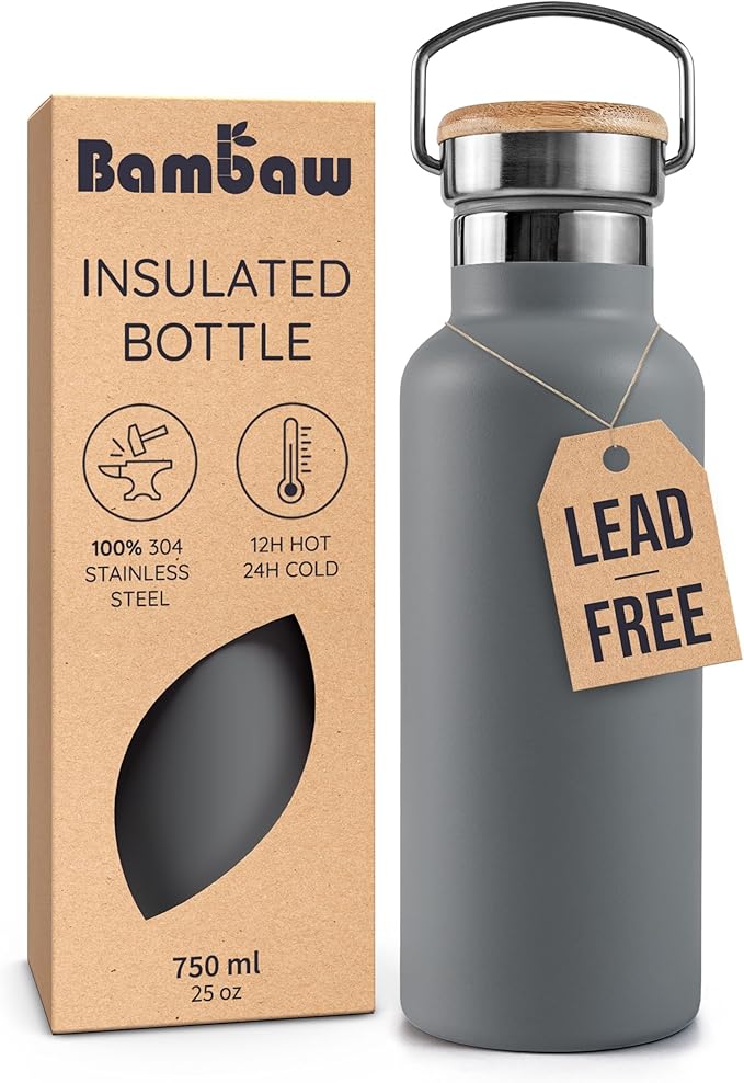 Bambaw Travel Water Bottle Stainless Steel 24 oz, Insulated Stainless Steel Water Bottle, Great for Travel & Work, Rust-Resistant, Wide Mouth Makes it Easy to Clean (Stormy Gray)