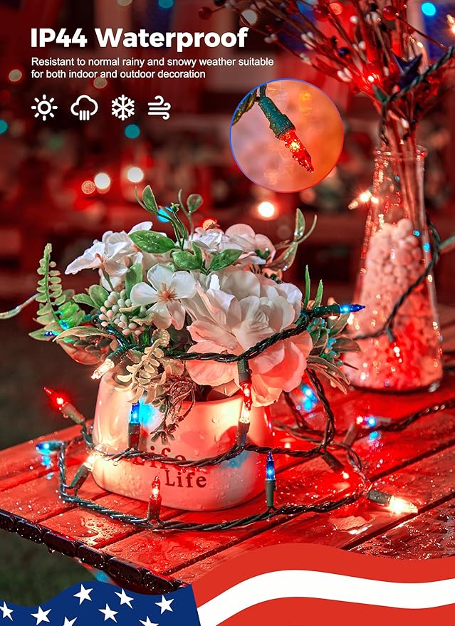 Red White Blue Mini Christmas Lights, 50 Count 4th July Decoration Patriotic Mini String Lights, 13ft Waterproof Lights for Indoor Outdoor Xmas Holiday Party Patio Independence Day Decor, Green Wire