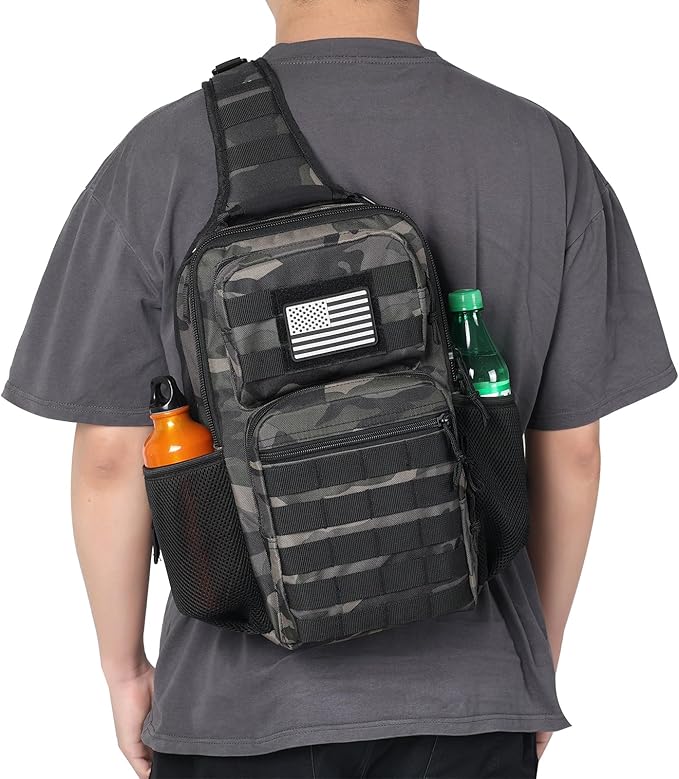 Rover Sling Pack Tactical Shoulder Sling Bag Backpack with Bottle Holder Crossbody Chest Bag, Black Camo