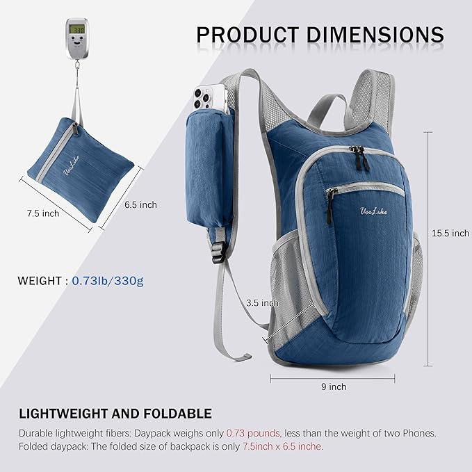 Uselike 10L Small Hiking Backpack Travel Daypack Lightweight Packable Back Pack for Women Men(Navy Blue)