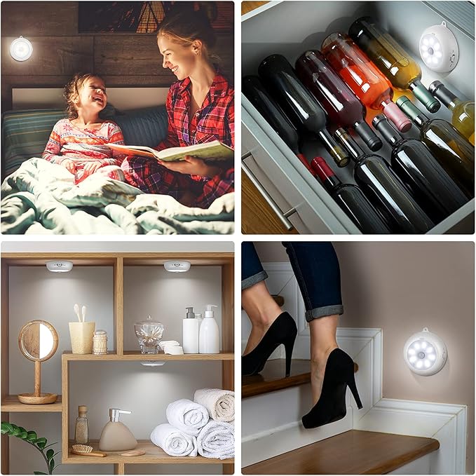 Reoshine Motion Sensor Light Indoor, Under Cabinet Light, Ceiling Lights, AA Battery Operated Stick on Wireless Puck Lights for Wall, Step, Stair, Dimmable (6 Pack)
