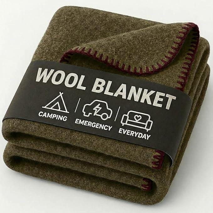 Wool Camping Blanket - 70% Wool Heavy-Duty Military Style Throw, Warm & Washable, Fire Retardant Cover for Emergency, Survival & Outdoor Use - Perfect for Camping, Car, Home & Hiking, Olive 62x84