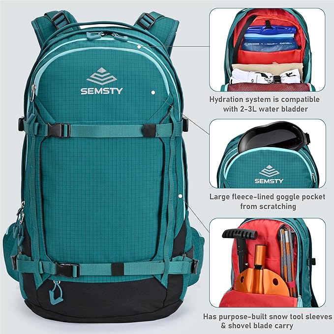 Ski and Snowboard Hydration Backpack, with 2L Water Reservoir and Insulated Harness, 30L Hydration Pack for Skiing, Hiking