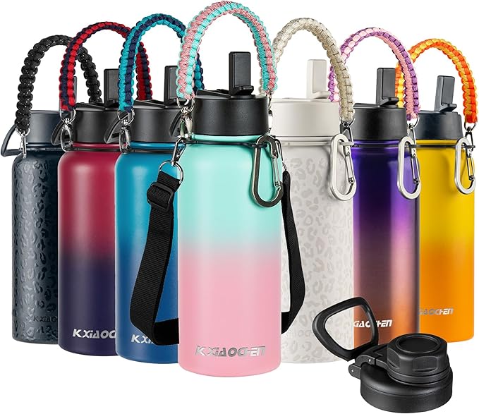 KXIAOCHEN Insulated Water Bottle, Stainless Steel Water Bottle, 2 Lids (Straw and Handle Lid),Wide Mouth Metal Water Bottles Keep Hot and Cold, Double Walled, Thermo Mug, Metal Canteen