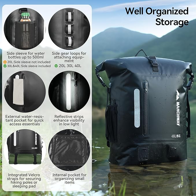 MARCHWAY Roll Top Waterproof Backpack, Floating Dry Bag 20L/30L/45L with Ergonomic Rectangular Base, Cushioned Back, Hip Strap for Hiking Camping Kayaking Travel (Black, 20L)