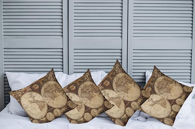 Ambesonne World Map Throw Pillow Cushion Case Pack of 4, Old World Map Drawn in 1720s Nostalgic Style Art Historical Atlas Vintage Design, Modern Accent Double-Sided Digital Printing, 24", Beige Brown