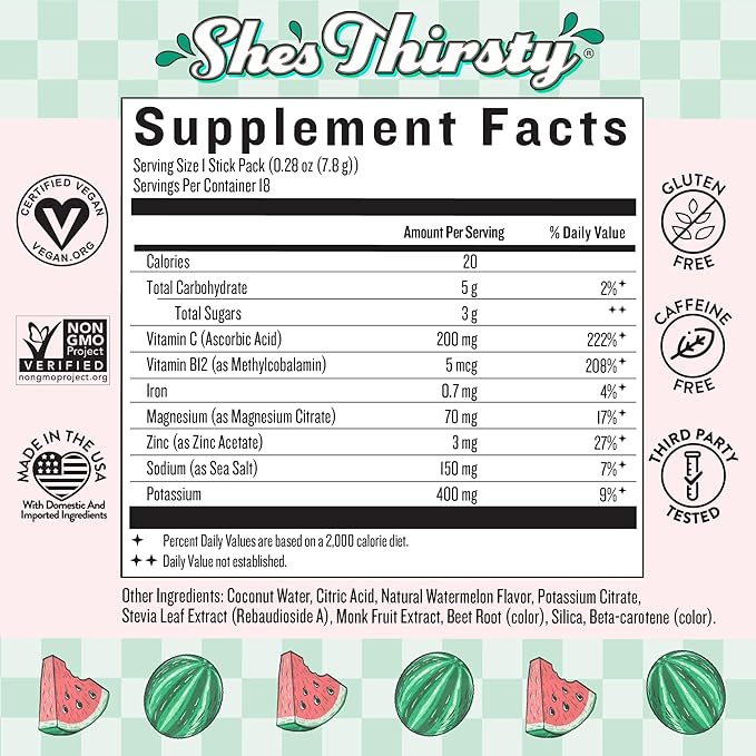 Legendairy Milk She's Thirsty Watermelon, No Sugar Added Electrolytes Powder Packets–Coconut Water Mix for Women, Instant Hydration Packets, Immune Support, Pregnancy Safe, 18 Ct