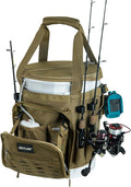 Goture Fishing Bucket Organizer for 5 Gallon Bucket, Heavy-Duty Waterproof Tackle Bag with 15+ Pockets, Ice Auger Holster & Secure Lock Straps for Ice Fishing Gear (Khaki, No Bucket)