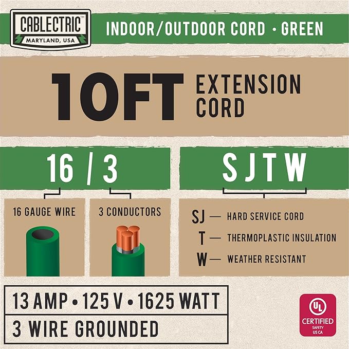 Outdoor Extension Cord 10 Ft with 3 Prong, 16/3 SJTW Weatherproof Green Extension Cord 10 Foot, 13 Amp Outside Power Cord for Christmas Outdoor Decorations & Yard