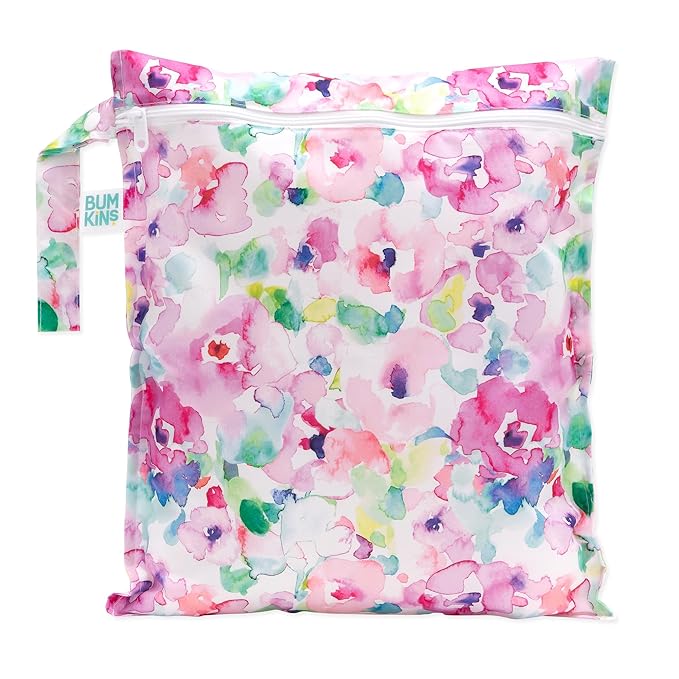 Bumkins Waterproof Wet Bag for Baby, Travel, Swim Suit, Cloth Diapers, Pump Parts, Pool, Beach, Gym Clothes, Toiletry, Hook to Stroller, Daycare, Zip Reusable Wetdry Packing Pouch, Watercolors Floral