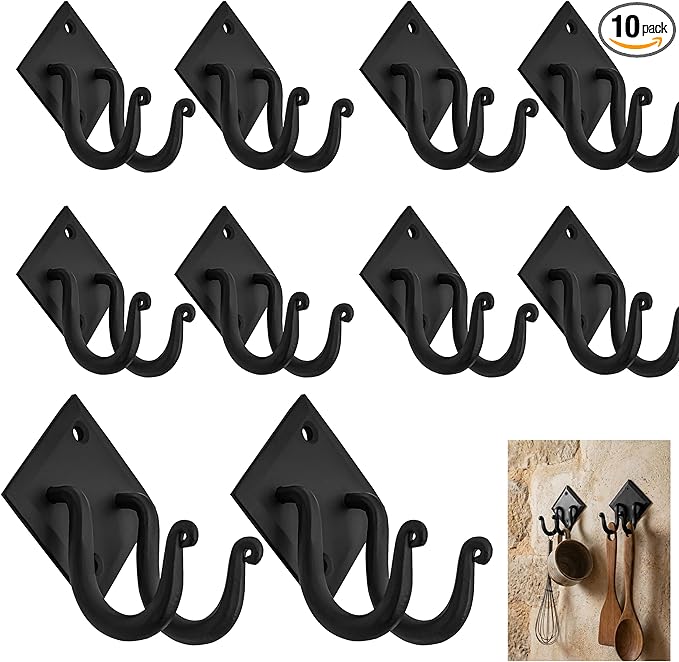 Mystic Colonial Rustic Hand Forged Iron Wall Hook with Two Hangers: Ideal for Victorian, Colonial, Retro, Steampunk, Gothic, and Baroque Settings 8.8 cm Black Pack of 10