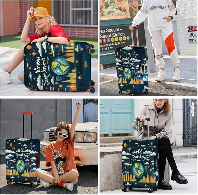 ANNA QUEEN World Travel Luggage Cover, Adventure Theme Suitcase Protector, Stretchable Washable Cover for 20-22 Inch Luggage