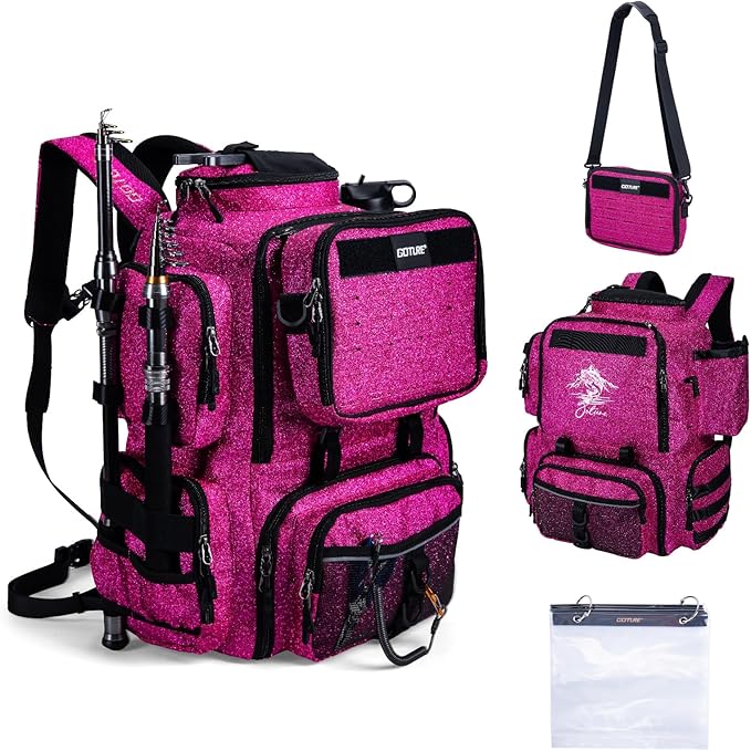 Goture Fishing Backpack, 900D Water-Resistant Tackle Backpack with Rod Holders, 58L Large Storage Gear Fishing Tackle Bag with Detachable Crossbody Bag,8 Lure Pockets,Bottle Holder for Camping Hiking
