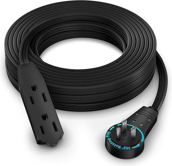 Maximm Cable 50 Ft 360° Rotating Flat Plug Extension Cord, 16/3 AWG Multi 3 Outlet 3-Prong Grounded Wire- Black - UL Certified