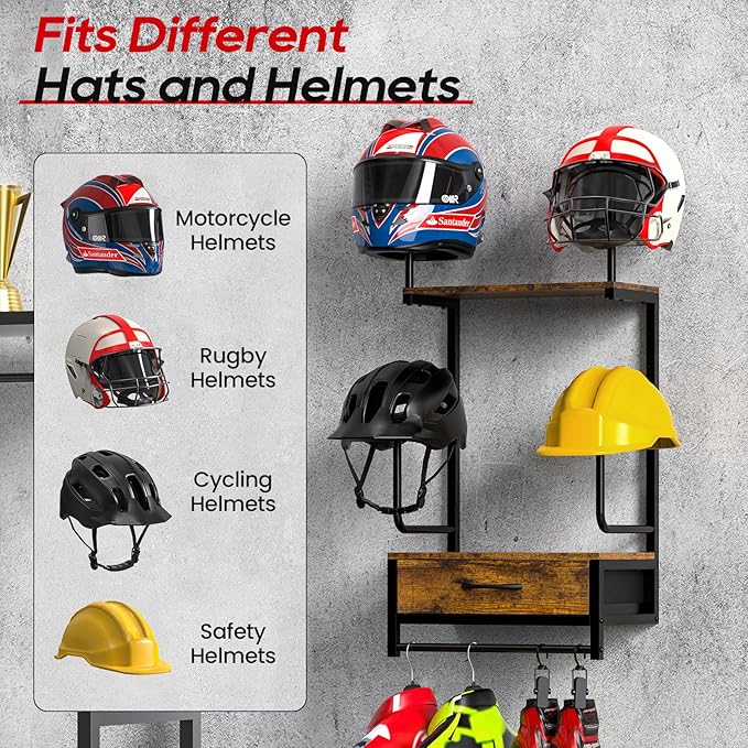 Motorcycle Helmet Holder Wall Mount, Helmet Rack with 4 Glove Clips, Motorcycle Gear Rack Storage, Motorcycle Accessories Organizer for Entryway or Garage