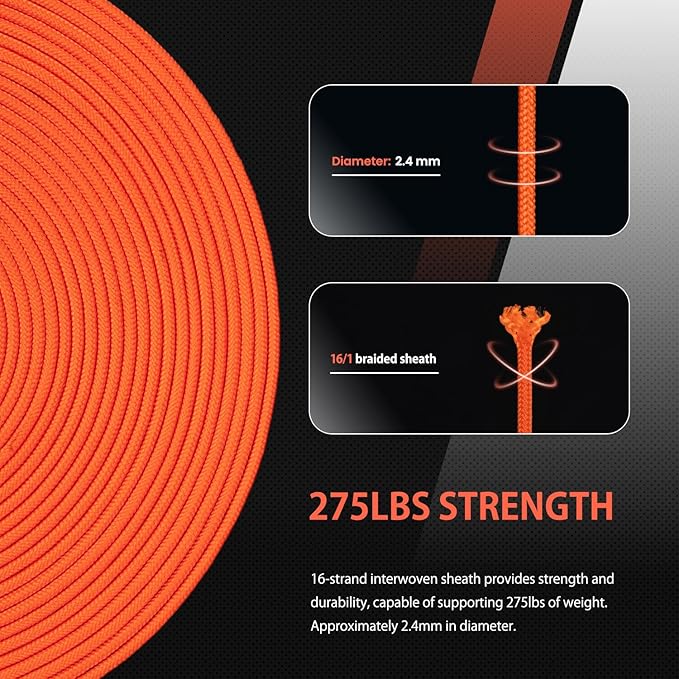 Abma Cord 2.4mm Paracord 275 100ft Nylon Rope 4 Strands Tactical Parachute Cord - Max. 275lbs - Red