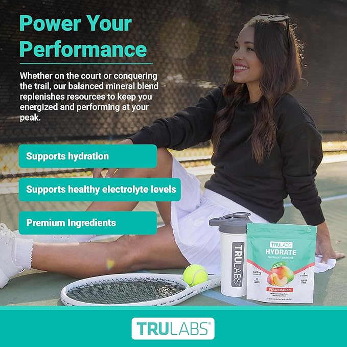 TRULABS Hydrate Electrolyte Drink Mix – Peach Mango Flavor, Sugar-Free Hydration Packets with 1422 mg Electrolytes & 19 Vitamins & Minerals, Monk Fruit Sweetened, On-the-Go Sticks (16 Count)