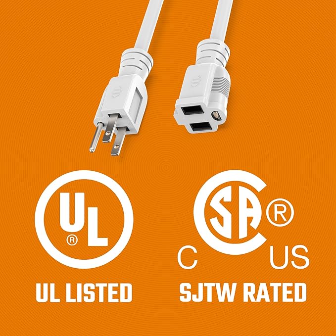 Heavy Duty Extension Cord/Wire Power Cable, Indoor/Outdoor, 16/3, Single Outlet, 20 Feet, UL Listed, White