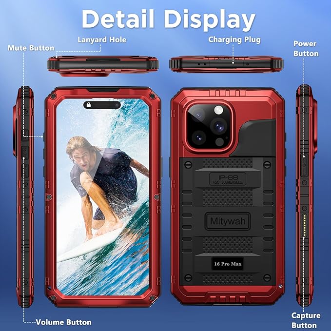 Mitywah Waterproof Case for iPhone 16 Pro Max, Heavy Duty Metal Cover with Built-in Screen Protector, Military Grade Full Body Shockproof Rugged Protective Phone Case 6.9 inch, Red