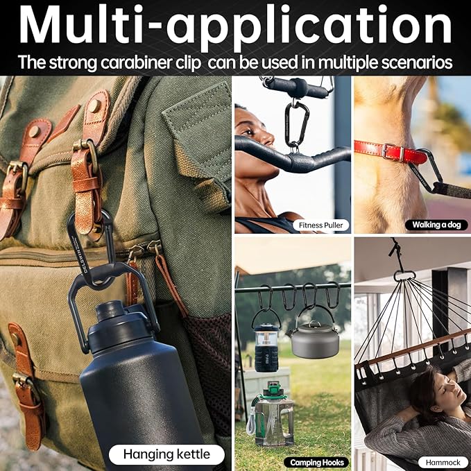 DELSWIN Heavy Duty Carabiner Clip 900lbs, 3 Inch Steel Carabiners for Keychain, Camping, Hiking, Backpack, Dog Leash, Hammock, Gym - D-Shaped Spring Hook Black