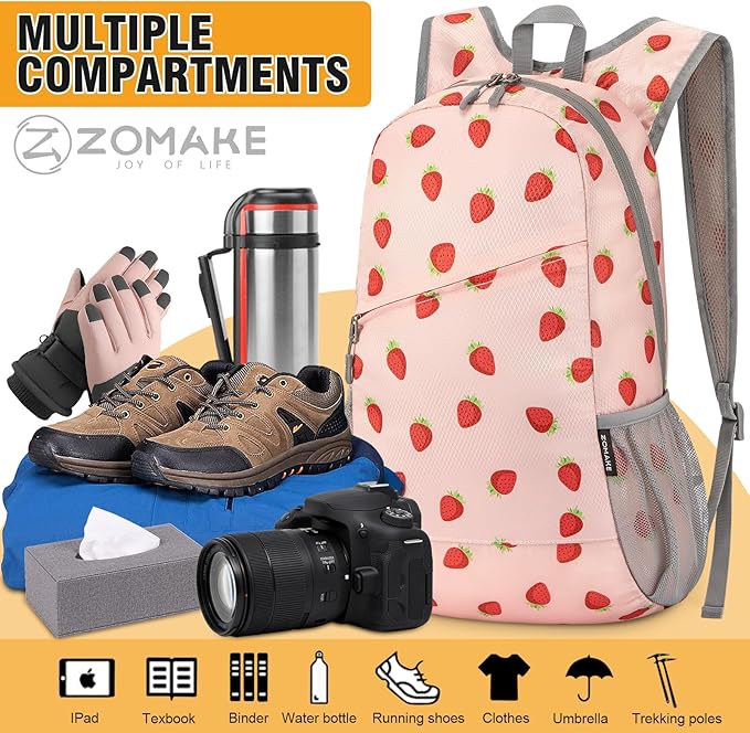 ZOMAKE Lightweight Packable Backpack,Foldable Backpacks Small Daypack for Hiking Water Resistant Day Bag for Travel(Strawberry print)