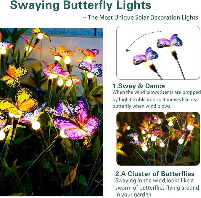 TONULAX Solar Garden Lights - 8 Pack Swaying Butterfly Light, Swaying in The Wind, Solar Outdoor Lights, Yard Patio Pathway Decoration, High Flexibility Iron Wire & Realistic Butterflies(8 Pack)