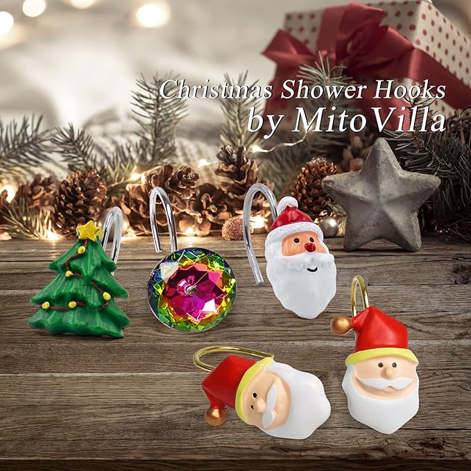 MitoVilla Christmas Shower Curtain Hooks Rings, Colorful Xmas Bling Shower Hooks for Shower Curtain Liner, Multicolor Holiday Decorative Shower Rings for Curtain Accessories and Bathroom Shower Rod