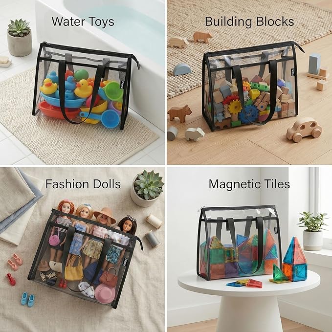 HOLAY 4 Pack Clear Toy Storage Bags with Handle –Playroom Organizer Bins for Kids Toys, Board Games, Busy Bags, and Homeschool Supplies, Transparent PVC Front & Reinforced Base (Black, X-Large)