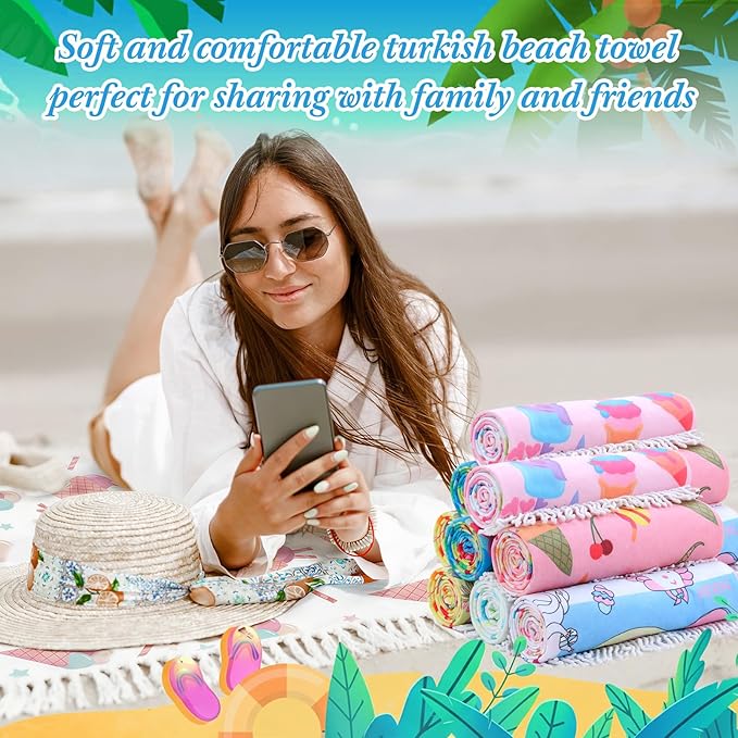 Peryiter 24 Pack Microfiber Oversize Turkish Beach Towel Set 12 Large Absorbent Beach Towels with 12 Storage Bag 28 x 55 Quick Dry Lightweight Bath Towel Blanket for Hawaii Camp Swim Pool(Ice Cream)