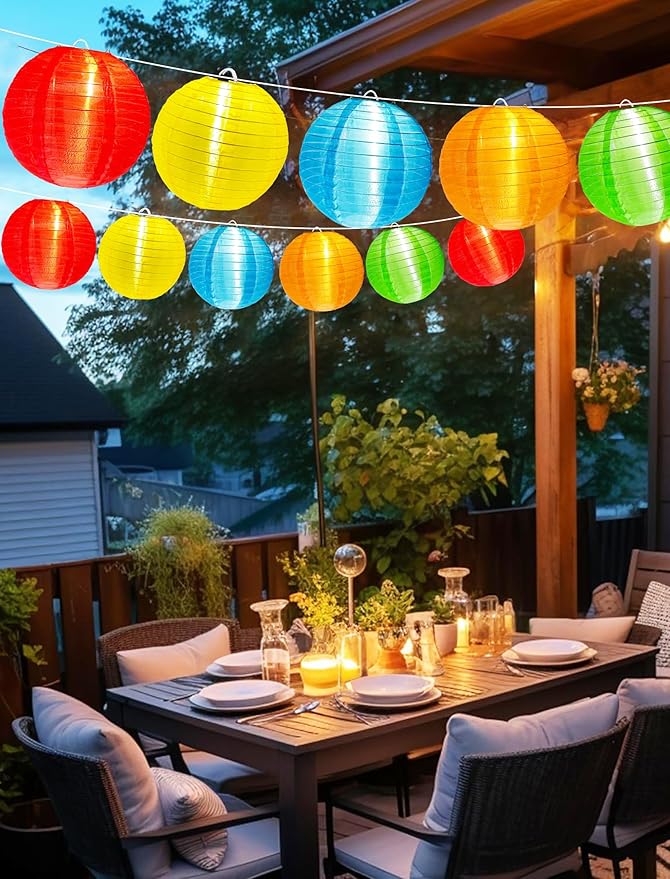 G40 LED Outdoor Lantern String Lights, 27.5FT Multicolor Patio String Lights with 10 Chinese Lanterns, Plug in Nylon Lantern Lights Waterproof UL Listed for Backyard Party Birthday Wedding Christmas