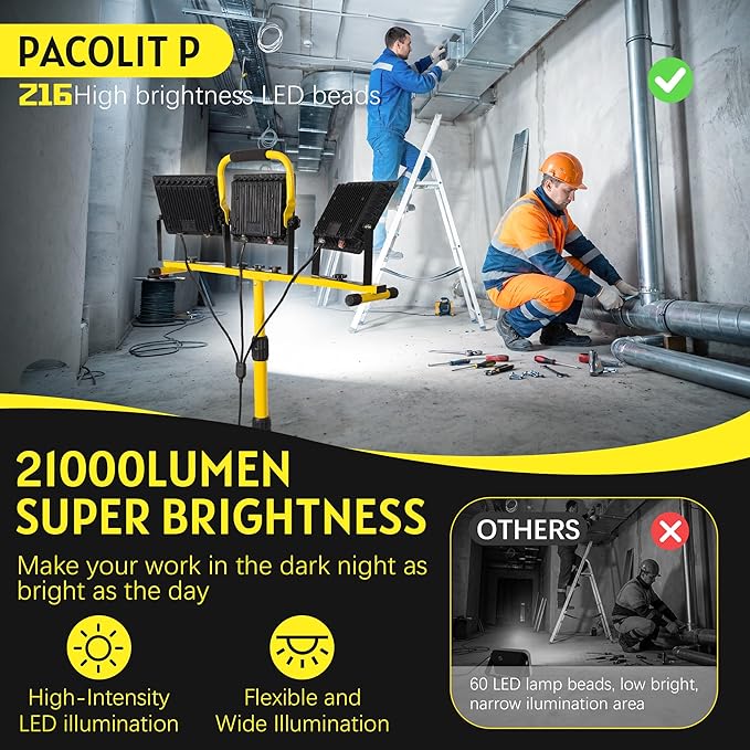 21000 LM LED Work Light with Stand, 3-Head Adjustable Portable Tripod Light with Individual Switches, IP66 Waterproof, 16.4FT Cord for Garage Workshop Job Site Construction Indoor Outdoor Lighting