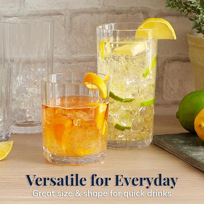 US Acrylic Faceted Clear Plastic Reusable Drinking Glasses (Set of 8) 14oz Rocks & 18oz Water Cups, BPA-Free Tumblers, Made in USA, Top-Rack Dishwasher Safe