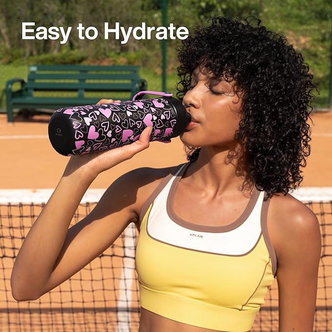 ENCOOL Valentine's Day Insulated Water Bottle with Straw Stainless Steel Water Bottle, Leak-Proof, BPA-Free, Keeps Cold for 24 Hours for Sports, Travel, School (26 oz, Sweet Hearts Violet x Black)