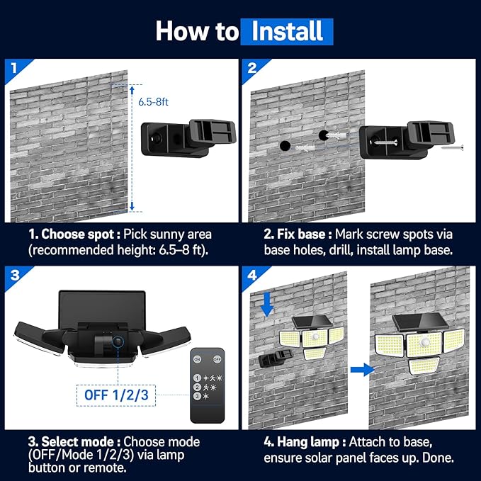 Adewalk 3000LM Solar Outdoor Lights - Upgraded 2Packs 4 Heads 188 LED Security Lights with Motion Sensor Lights, IP65 Waterproof 270° Wide Angle Flood Wall Lights for Home Darkroom Backyard