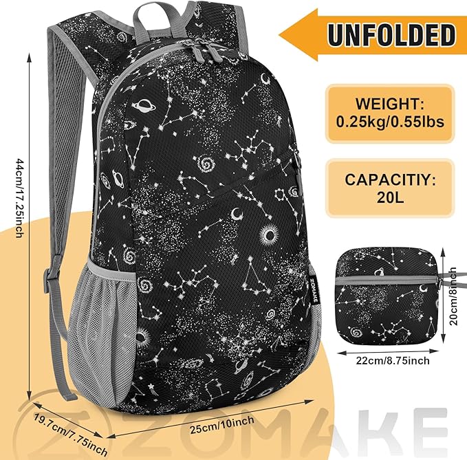 ZOMAKE Lightweight Packable Backpack,Foldable Backpacks Small Daypack for Hiking Water Resistant Day Bag for Travel(Starry sky print)