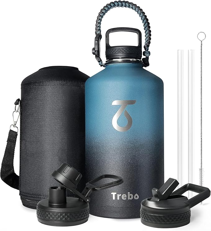 Trebo One Gallon Water Bottle Insulated with Paracord Handle,128oz Large Stainless Steel Water Jug,Vacuum Triple Wall Insulated 24hr Cold Retention,Leakproof Flask with 3 Lids,Indigo Black