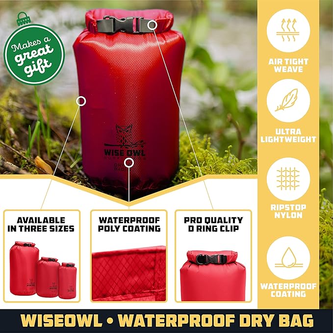 Wise Owl Outfitters Waterproof Dry Bag 3-Pack – Lightweight & Airtight 5L/10L/20L Small & Large Dry Bags for Kayaking, Beach, Travel, Boating, Hiking