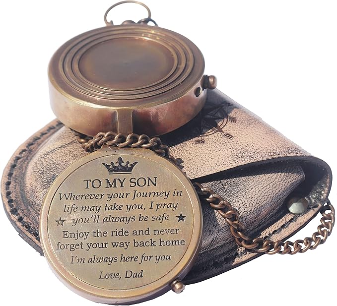 Brass Engrved Compass for Men, Pocket Compass with Leather Case, Antique Handmade Religious Gift Idea for Graduation, Communion, Baptism (to My Son, Love Dad)
