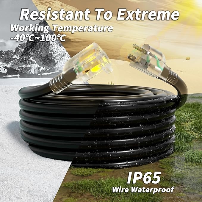 PlugSaf 16/3 Gauge 200 ft Extension Cord Outdoor Black Waterproof, Cold Weatherproof -58°F, Flame Retardant, Flexible 3 Prong Electric Cord for Lawn Office,10A 1250W 16AWG SJTW, ETL Listed