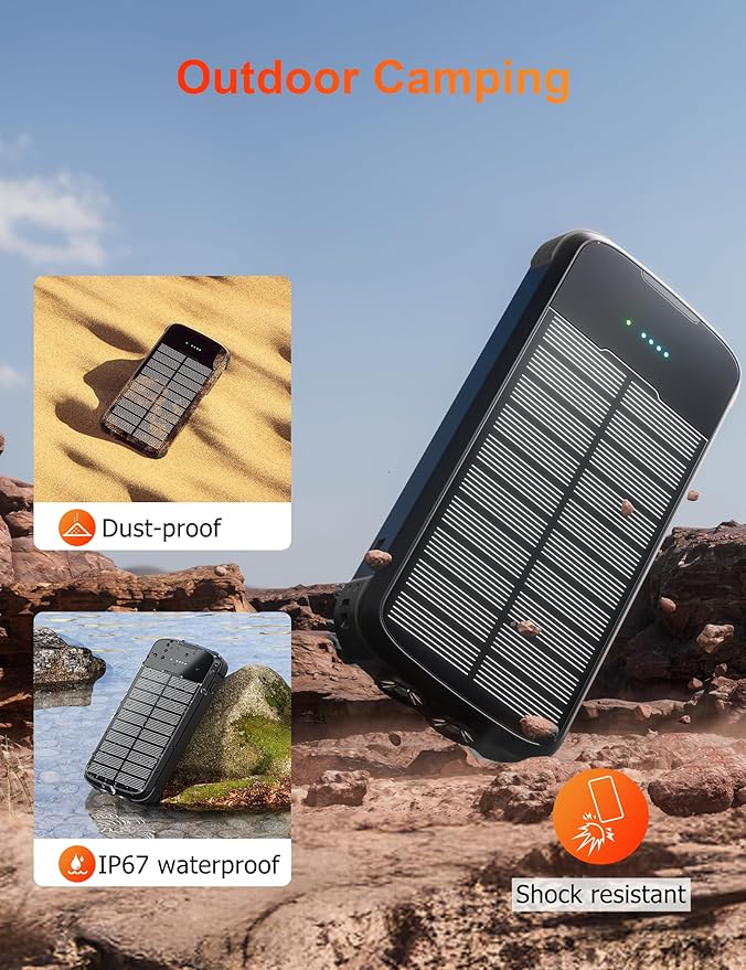 MINRISE Solar Charger Power Bank, 40000mAh Portable Charger PD 20W Fast Charging Solar Power Bank Built in 4 Cables and USB-C in/Output, Camping Essentials External Battery Pack with Flashlights