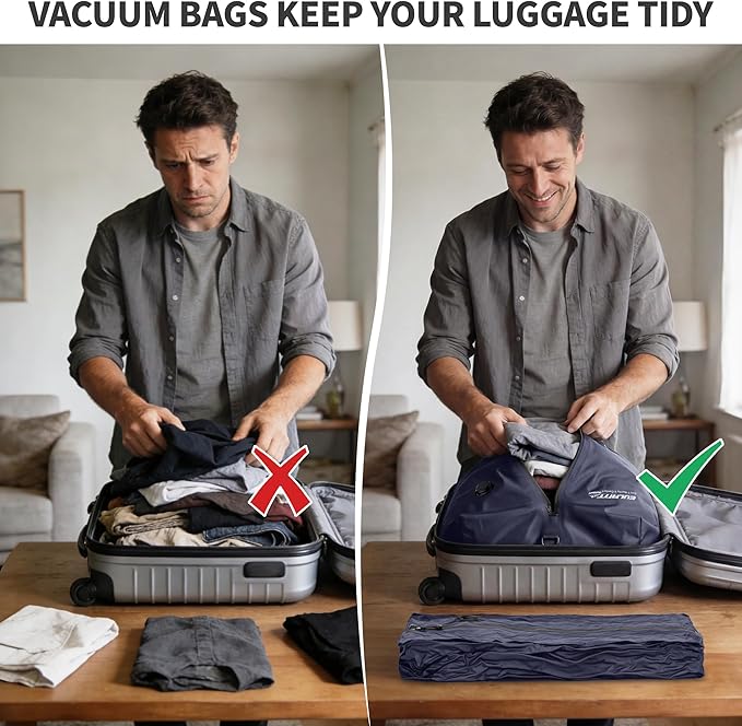 Reusable Vacuum Bags for Travel With Pump,Professional Waterproof IPX8 Zipper Vacuum Compression Bag for Suitcases Backpack,Space Saver Bags Packing Organizers for Clothing Packing(2 Pack,Navy)