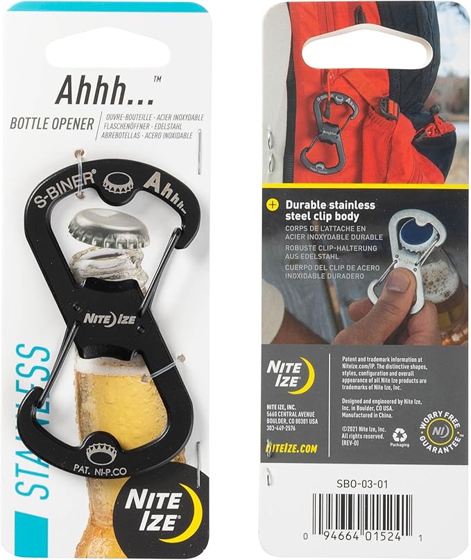 Nite Ize Ahhh... Stainless Bottle Opener - Keychain with S-Biner Functionality - Heavy-Duty Dual Bottle Opener Carabiner - Keychain Accessories - Black, 4 Count (4 Pack)
