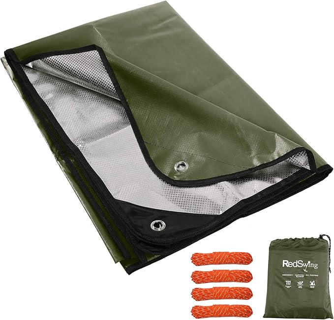 RedSwing Insulated Tarp, Multipurpose Emergency Thermal Tarps, Waterproof All Weather Heavy Duty Heat Reflective Survival Blanket for Camping Hiking, Green