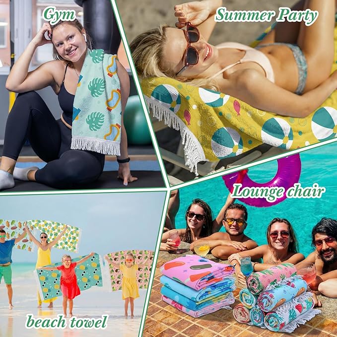 Peryiter 24 Pack Microfiber Oversize Turkish Beach Towel Set 12 Large Absorbent Beach Towels with 12 Storage Bag 28 x 55 Quick Dry Lightweight Bath Towel Blanket for Hawaii Camp Swim Pool(Summer)
