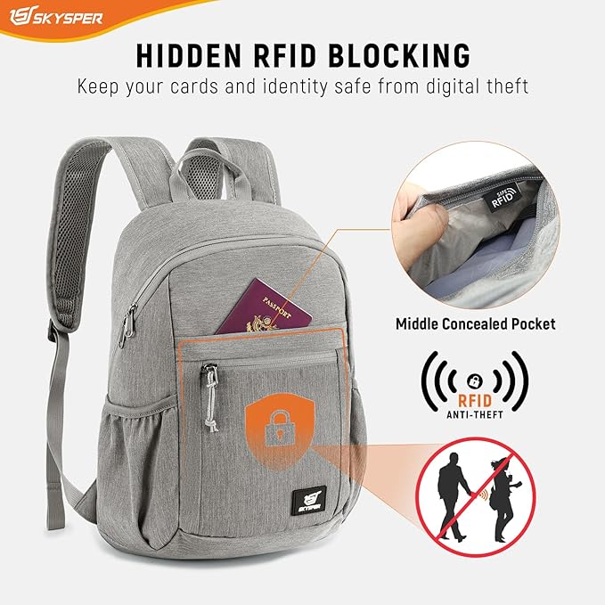 SKYSPER Anti Theft Hiking Backpack, 18L RFID Packable Travel Daypack, Lightweight Foldable Back Pack for Walking Daytrip