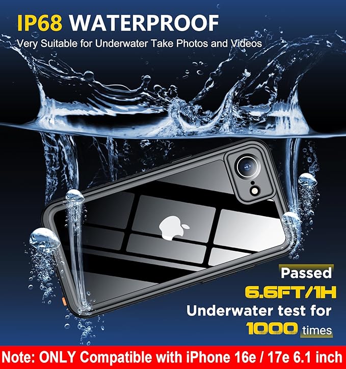 SPIDERCASE for iPhone 16e Case/iPhone 17e Case Waterproof,Built-in Screen & Camera Lens Protector[IP68 Underwater] Full Body Protection Phone Case for iPhone 16e/iPhone 17e 6.1'', Black/Clear