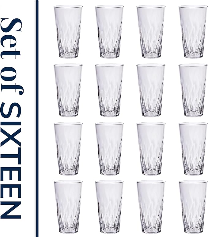US Acrylic Palmetto [Set of 16] 20 ounce Plastic Stackable Water Tumblers in Clear, Lightweight Value Set of Drinking Cups, Reusable, BPA-free, Made in the USA, Top-rack Dishwasher Safe