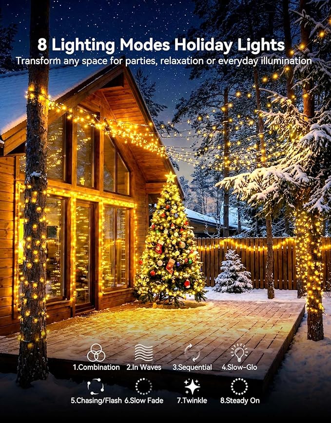 LitHome 99FT 300 LED String Lights Outdoor Indoor, 8 Modes Waterproof Christmas String Lights with Timer & Memory Function, Outdoor Christmas Lights Green Wire for Xmas Tree Party Garden, Warm White