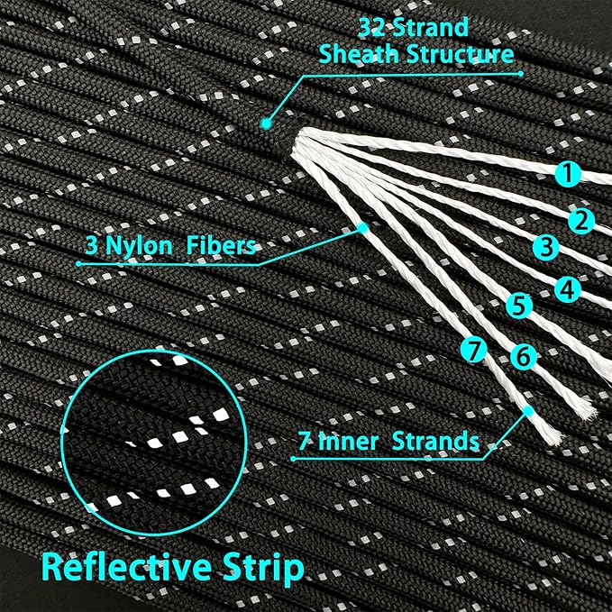 VVAAGG Reflective Paracord Rope 100FT, 7 Strand Nylon para Cord Lanyard Utility 550 Parachute Cord, 4mm Thin Tent Rope for Outdoor Camping Hiking